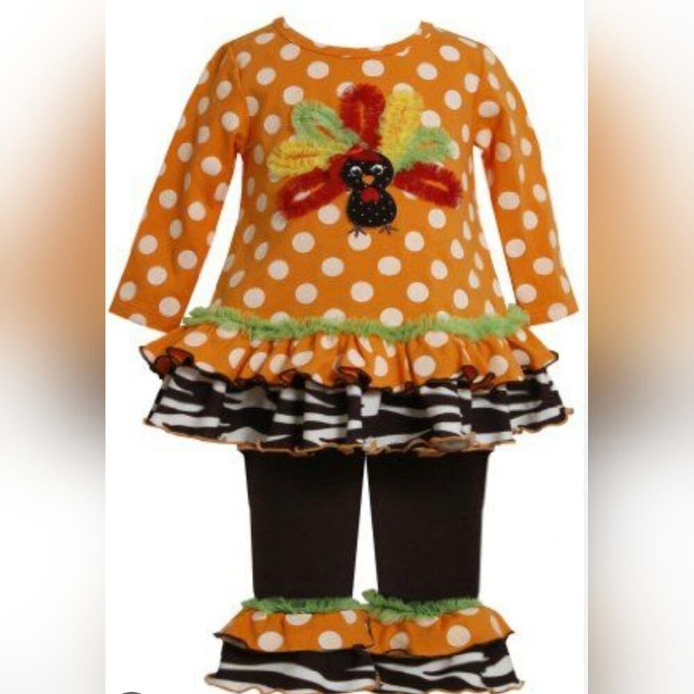 #9 Bonnie Baby Orange Polka Dot Ruffled Turkey 2 Piece Outfit Sz. 12 M
